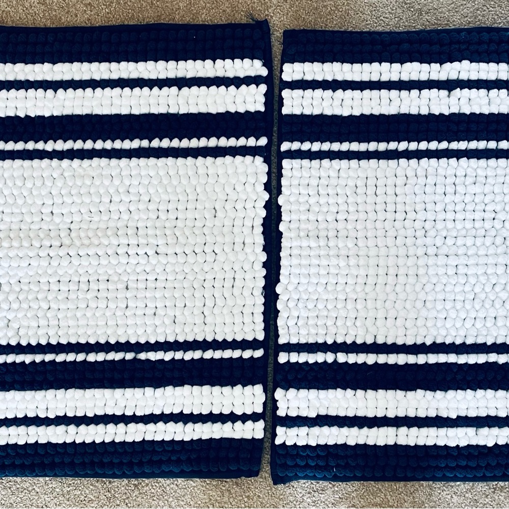 NWOT. Two 17”x24” Hotel Vendome navy and  white bath mats